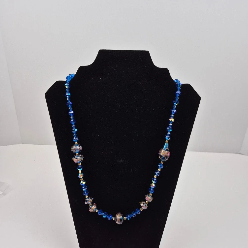 Vtg Venetian Wedding Cake Necklace Blue Pink Gold Glass 27
